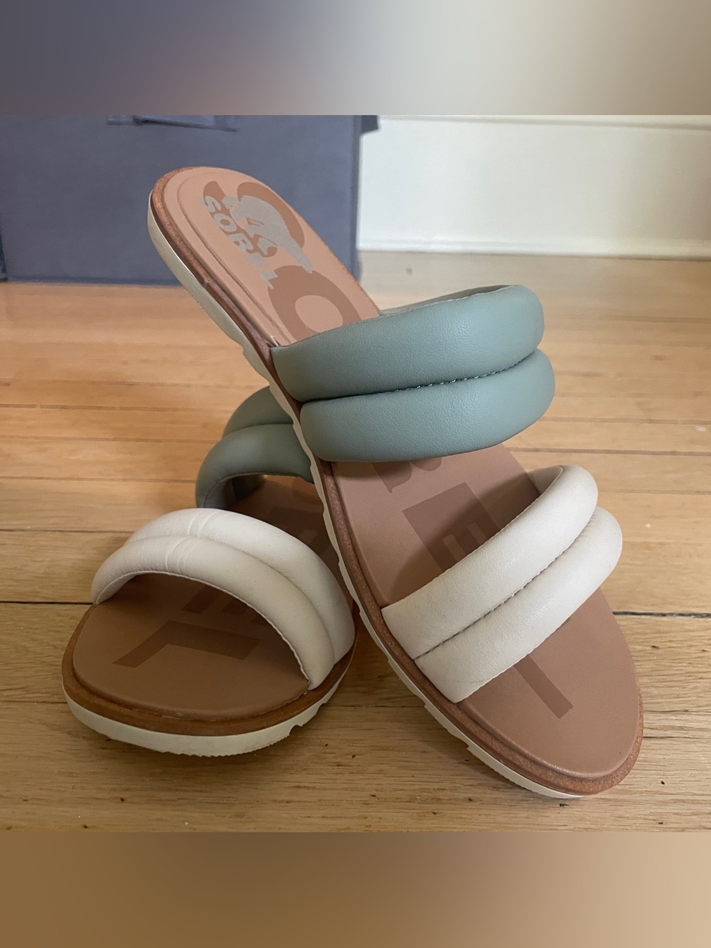 Sorel Two-Stripe Slide Sandals in Sage Green and Cream